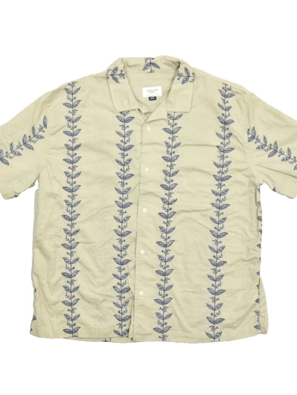 American Eagle Beige Short Sleeve Button Up with Blue Floral Embroidery